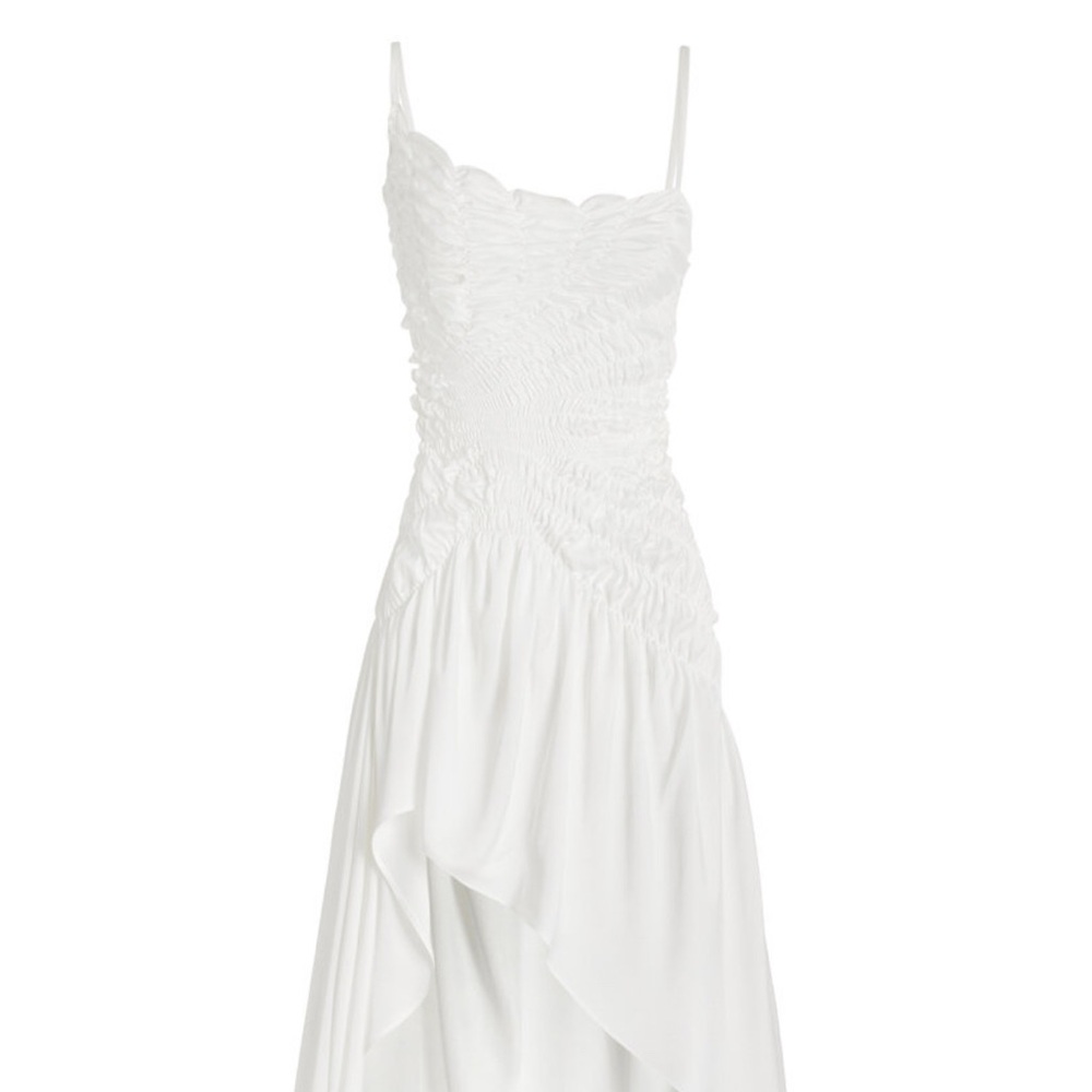 White Celestial Shirred Satin Midi Dress